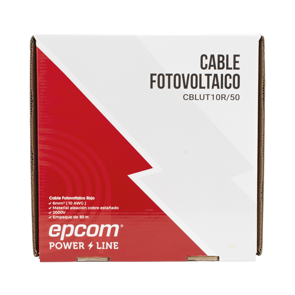 Cable Fotovoltaico Rojo / Cobre Estañado / 6 mm² (10 AWG) / 2000V / Rollo 50m / UL 4703 y TUV